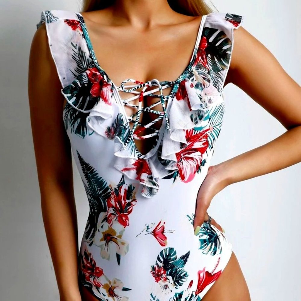 Women's Swimwear LARGE White Tropical Print Lace Up One-Piece size 8-10